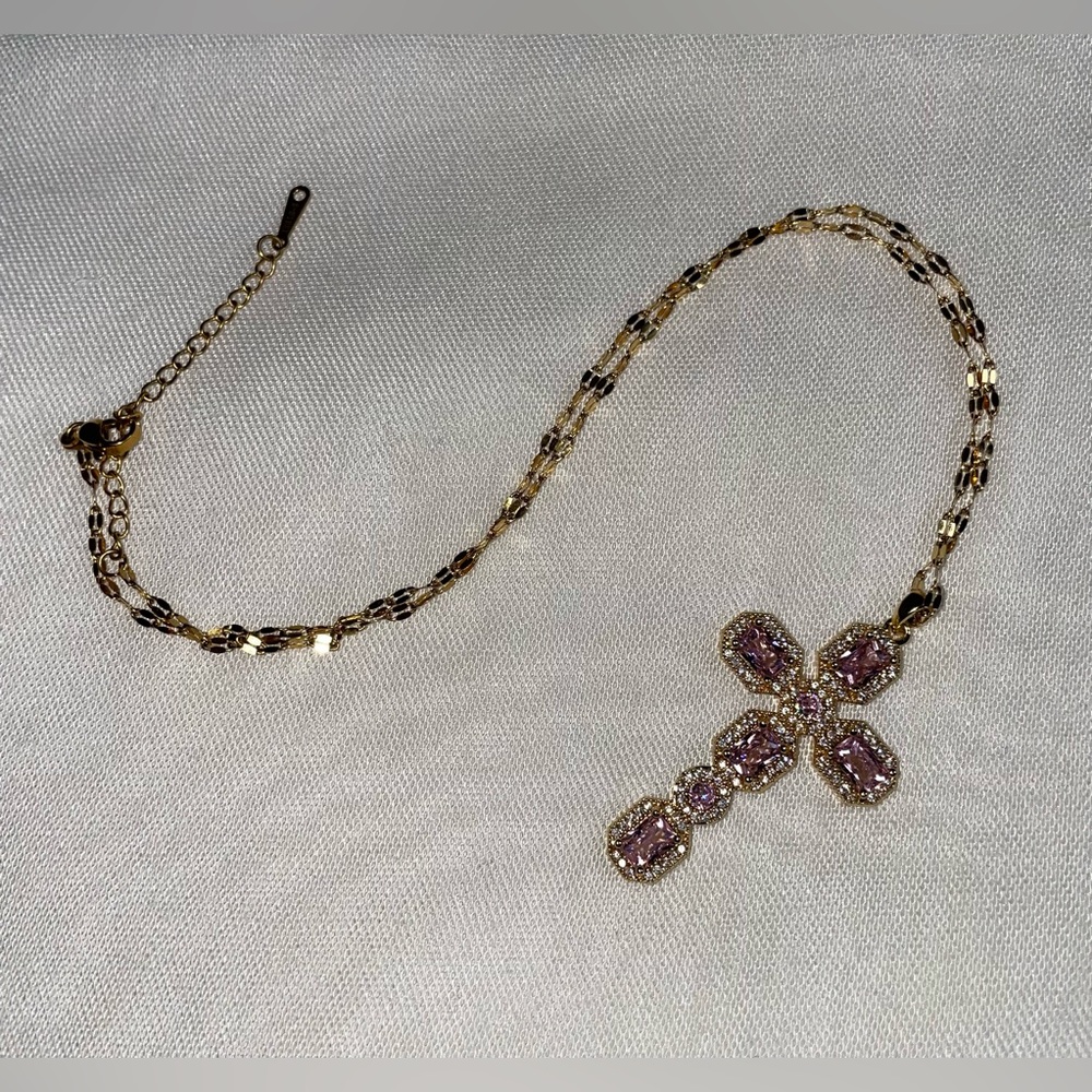 Gold and Pink Stones Cross Pendant Necklace